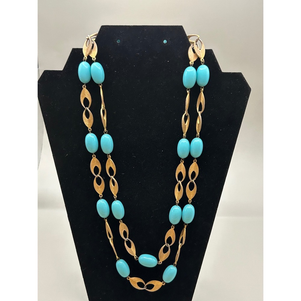 VTG Double Strand Turquoise Blue Bead Gold Leaf Link Necklace 1960 Bakelite - Picture 5 of 6